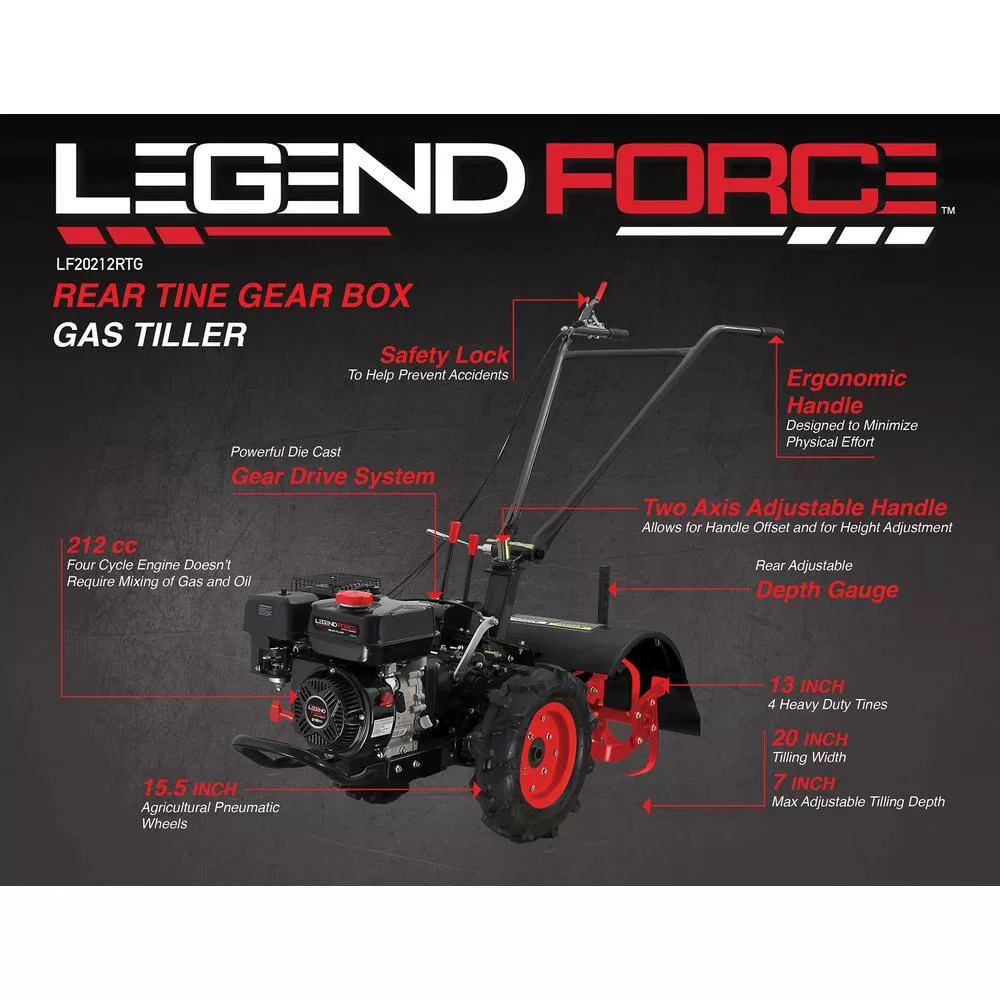 Legend Force LF20212RTG 20 in. 212 cc Gas Rear Tine Tiller, Forward/Reverse