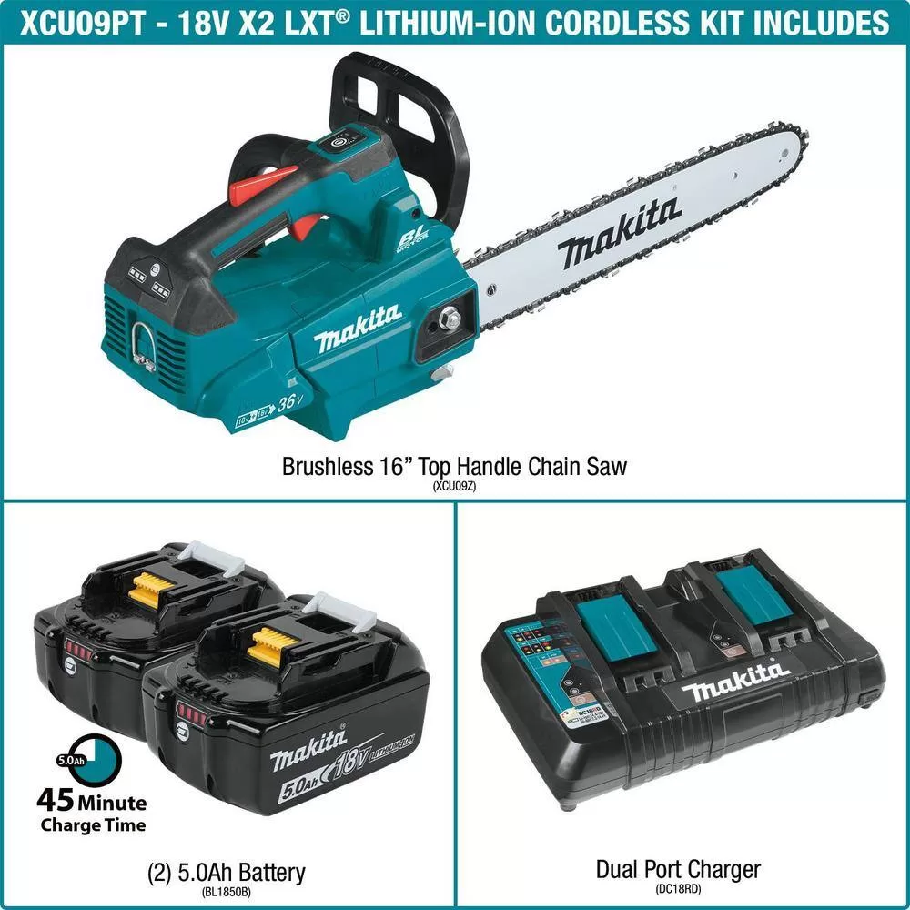 Makita XCU09PT LXT 16 in. 18V X2 (36V) Lithium-Ion Brushless Battery Top Handle Chain Saw Kit (5.0Ah)