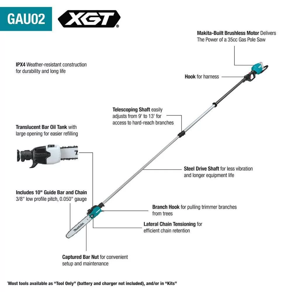 Makita GAU02Z XGT 40V max Brushless Cordless 10 in. Telescoping Pole Saw, 13 ft. Length (Tool Only)