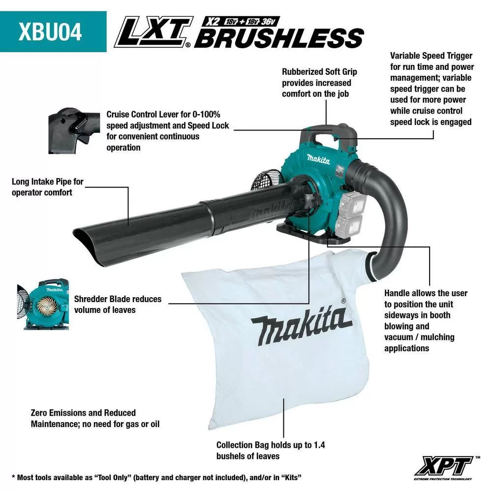 Makita XBU04PTV 120 MPH 473 CFM LXT 18V X2 (36V) Lithium-Ion Brushless Cordless Leaf Blower Kit with Vacuum Attachment Kit (5.0 Ah)