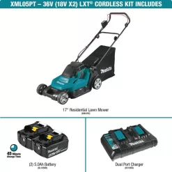 Makita XML05PT 18V X2 (36V) LXT Lithium-Ion Cordless 17 in. Walk Behind Residential Lawn Mower Kit (5.0Ah)