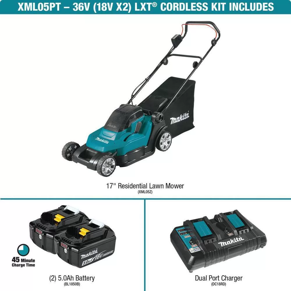 Makita XML05PT 18V X2 (36V) LXT Lithium-Ion Cordless 17 in. Walk Behind Residential Lawn Mower Kit (5.0Ah)