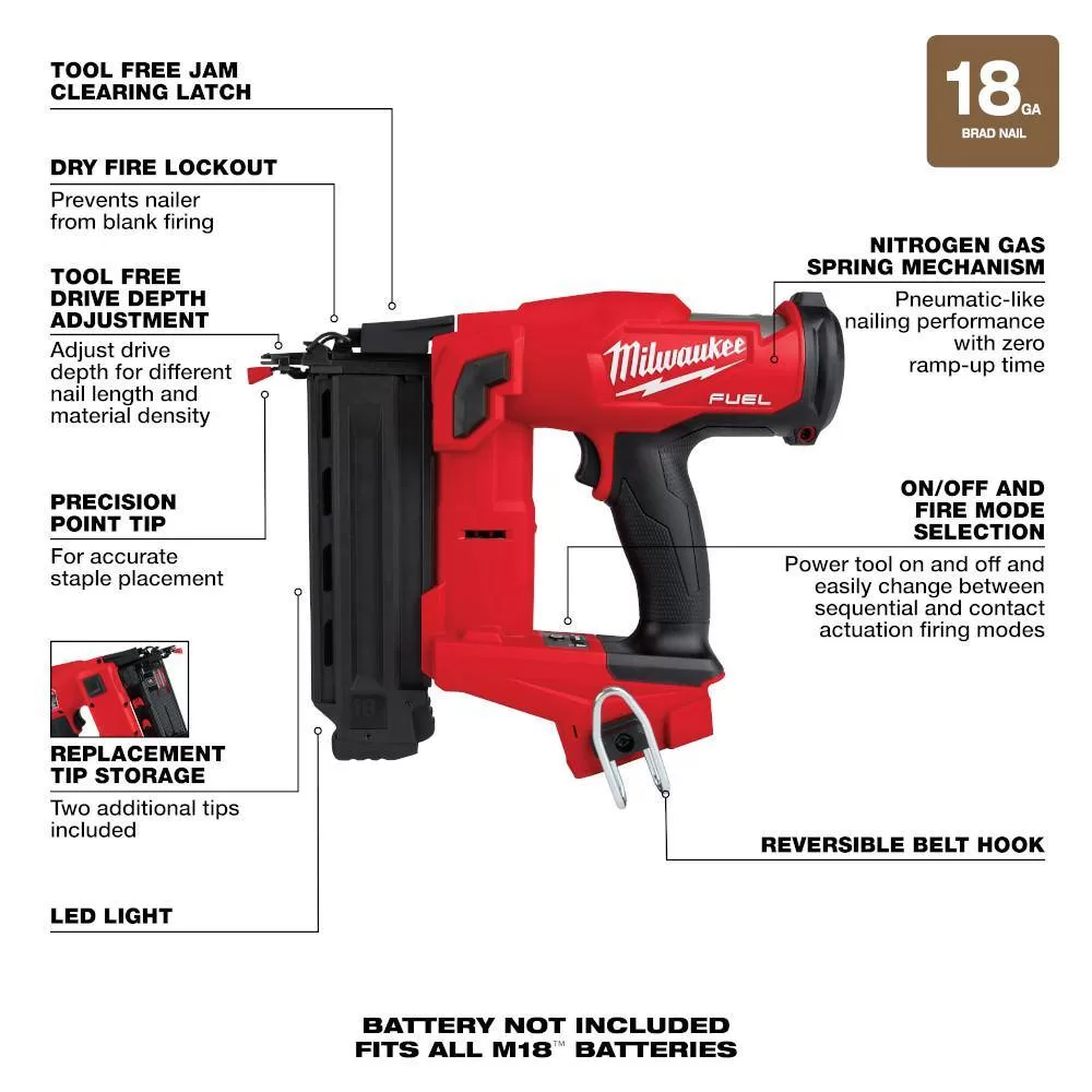 Milwaukee M18 FUEL 18-Volt Brushless Cordless Gen II 18-Gauge Brad Nailer (Tool-Only) with Tinted Anti Scratch Safety Glasses