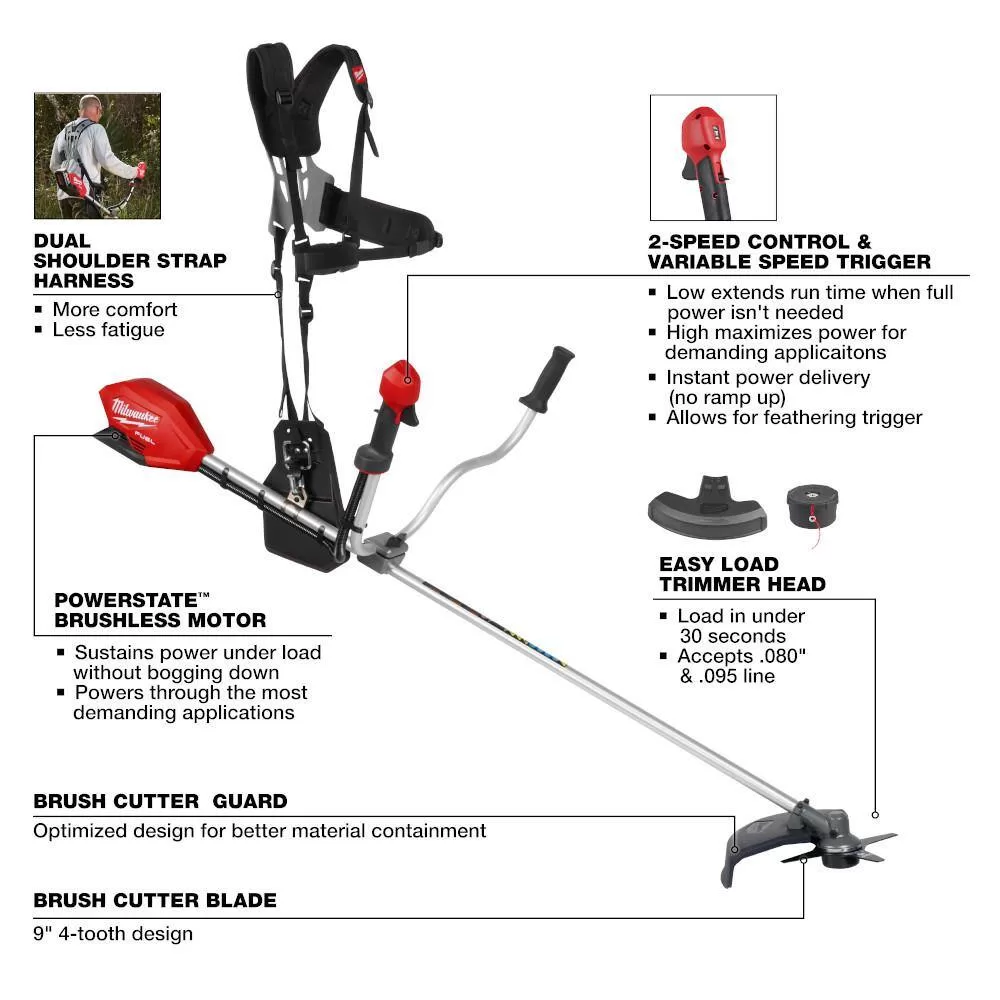 Milwaukee M18 FUEL 18V Lithium-Ion Brushless Cordless Brush Cutter with M18 FUEL 8 in. HATCHET Pruning Saw 2-Tool)
