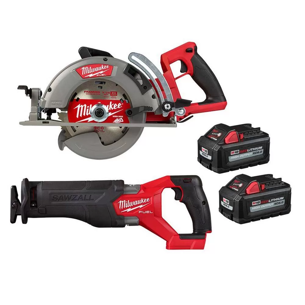 Milwaukee M18 FUEL 18V Lithium-Ion Cordless 7-1/4 in. Rear Handle Circ Saw w/SAWZALL, Two 6 Ah High Output Batteries (2-Tool)