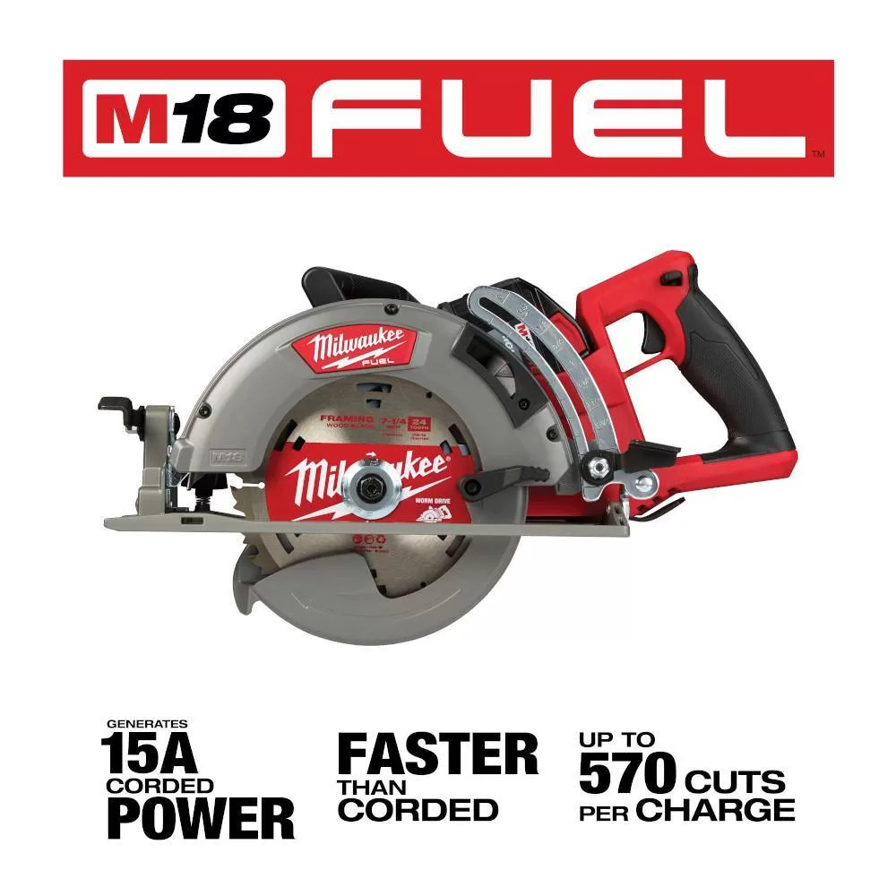 Milwaukee 2830-21HD M18 FUEL 18V 7-1/4 in. Lithium-Ion Cordless Rear Handle Circular Saw Kit with 12.0 Ah Battery and Rapid Charger