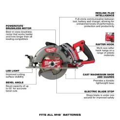 Milwaukee 2830-21HD M18 FUEL 18V 7-1/4 in. Lithium-Ion Cordless Rear Handle Circular Saw Kit with 12.0 Ah Battery and Rapid Charger