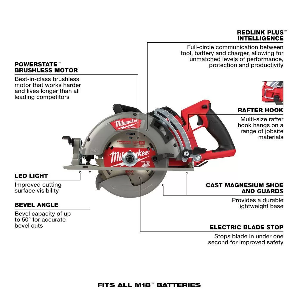 Milwaukee 2830-21HD M18 FUEL 18V 7-1/4 in. Lithium-Ion Cordless Rear Handle Circular Saw Kit with 12.0 Ah Battery and Rapid Charger