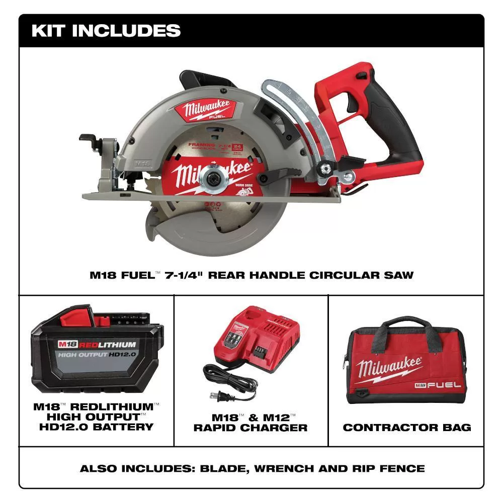 Milwaukee 2830-21HD M18 FUEL 18V 7-1/4 in. Lithium-Ion Cordless Rear Handle Circular Saw Kit with 12.0 Ah Battery and Rapid Charger