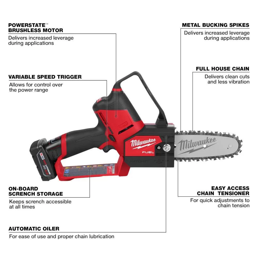 Milwaukee 2527-21-48-11-2460 M12 FUEL 12V Lithium-Ion Brushless Battery 6 in. HATCHET Chainsaw Kit with 6.0 Ah and 4.0 Ah Battery, Charger