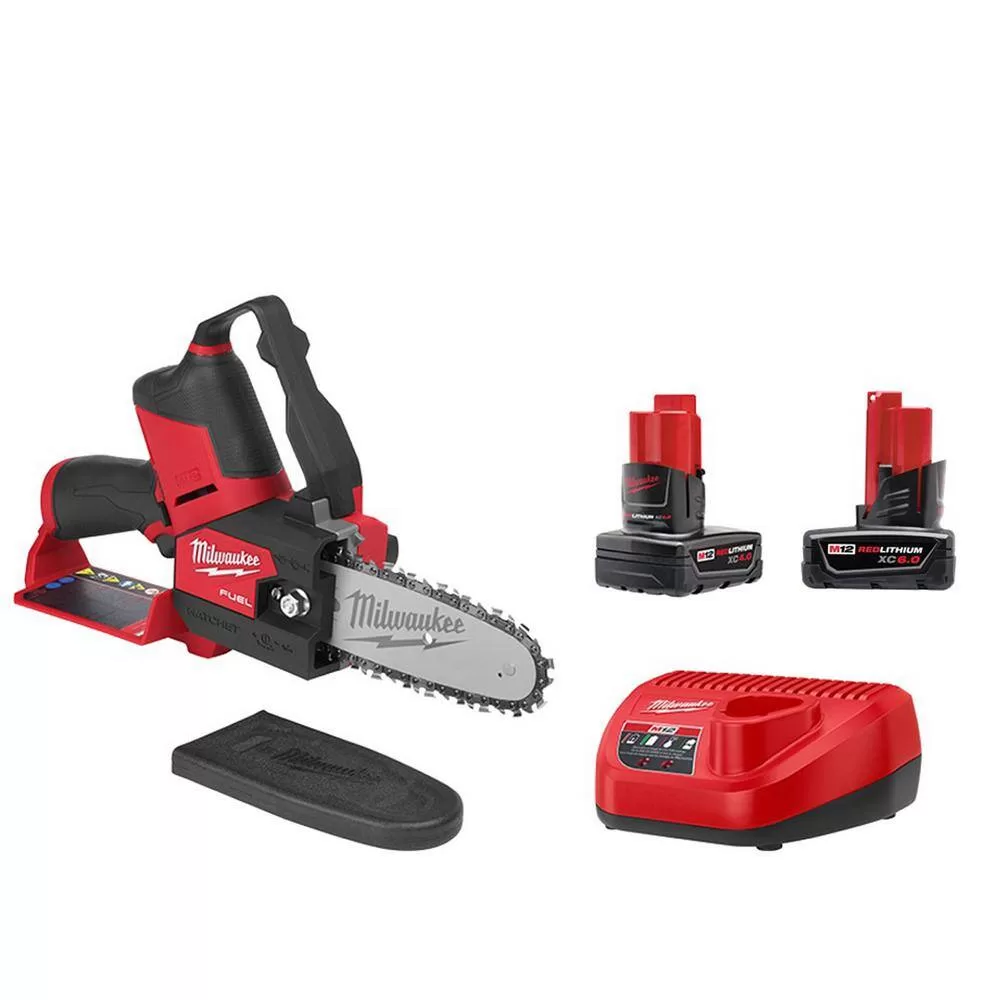 Milwaukee 2527-21-48-11-2460 M12 FUEL 12V Lithium-Ion Brushless Battery 6 in. HATCHET Chainsaw Kit with 6.0 Ah and 4.0 Ah Battery, Charger