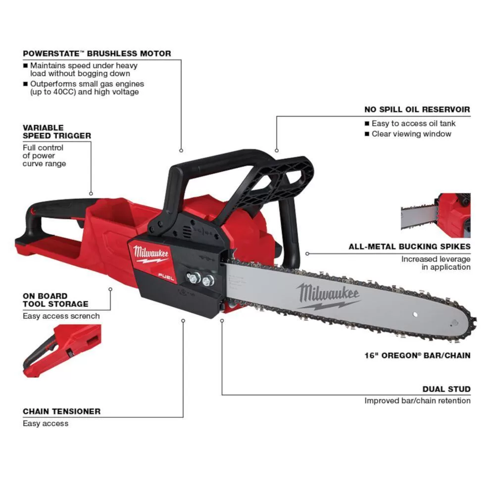 Milwaukee M18 FUEL 16 in. 18V Lithium-Ion Brushless Battery Chainsaw w/M18 FUEL Hedge Trimmer Combo Kit(2-Tool)