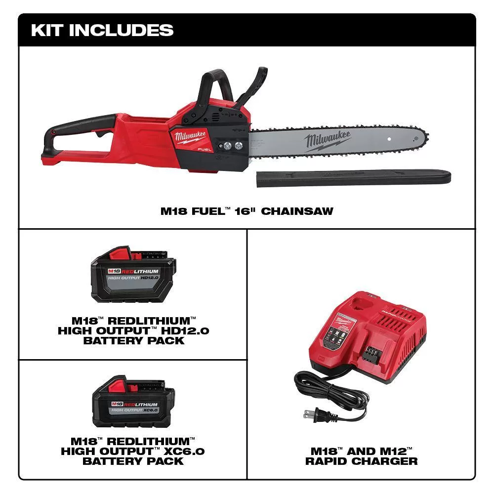 Milwaukee M18 FUEL 16 in. 18V Lithium-Ion Brushless Battery Chainsaw Kit with M18 High Output 6.0 Ah Battery
