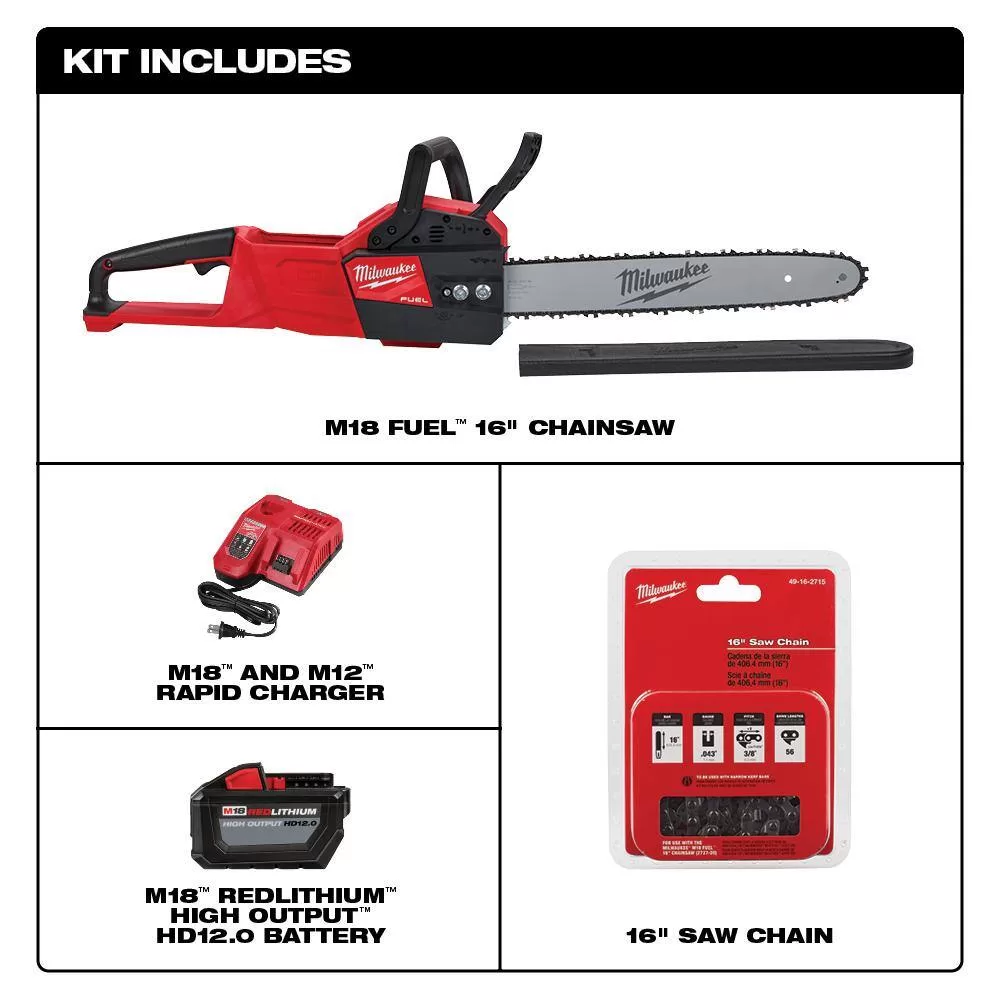 Milwaukee M18 FUEL 16 in. 18V Lithium-Ion Brushless Battery Chainsaw Kit with 12.0Ah , 16 in. Hand Chainsaw