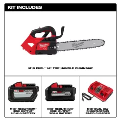 Milwaukee M18 FUEL 14 in. 18V Lithium-Ion Brushless Battery Top Handle Chainsaw Kit with 8.0 Ah, 12 Ah Battery & Rapid Charger