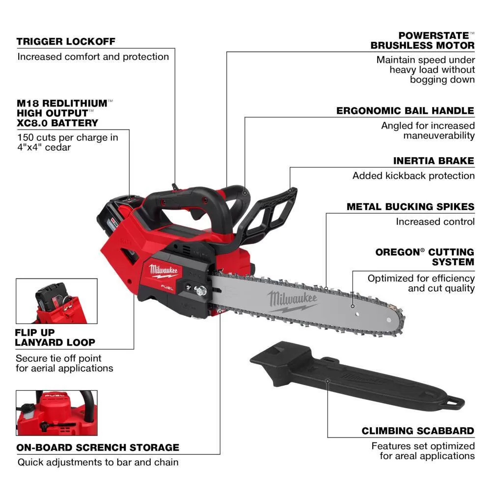 Milwaukee M18 FUEL 14 in. 18V Lithium-Ion Brushless Battery Top Handle Chainsaw Kit with 8.0 Ah, 12 Ah Battery & Rapid Charger