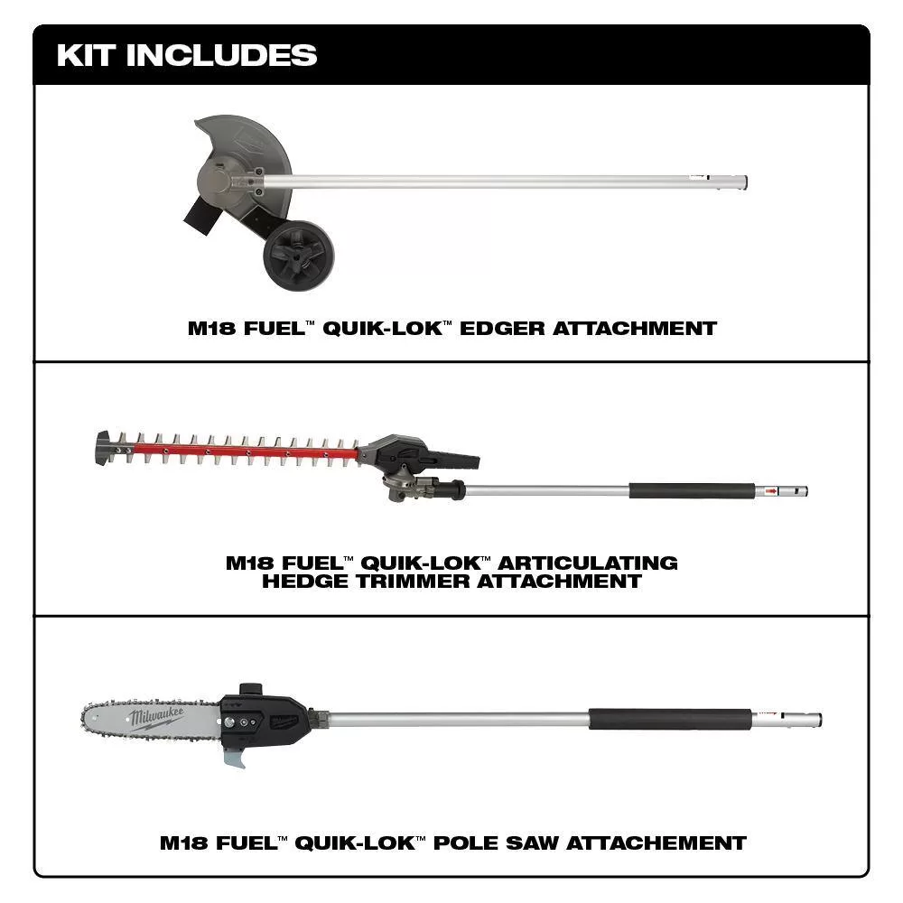 Milwaukee M18 FUEL QUIK-LOK 10 in. Pole Saw Attachment, 8 in. Edger Attachment and Hedge Trimmer Attachment (3-Tool)
