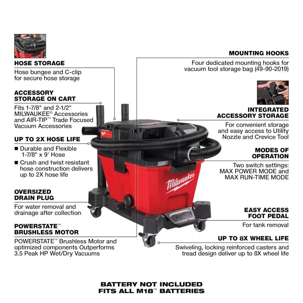 Milwaukee M18 FUEL Dual Battery 145 MPH 600 CFM 18V Cordless Blower w/6 Gal. Cordless Wet/Dry Shop Vacuum, (2) 6.0 Ah Batteries