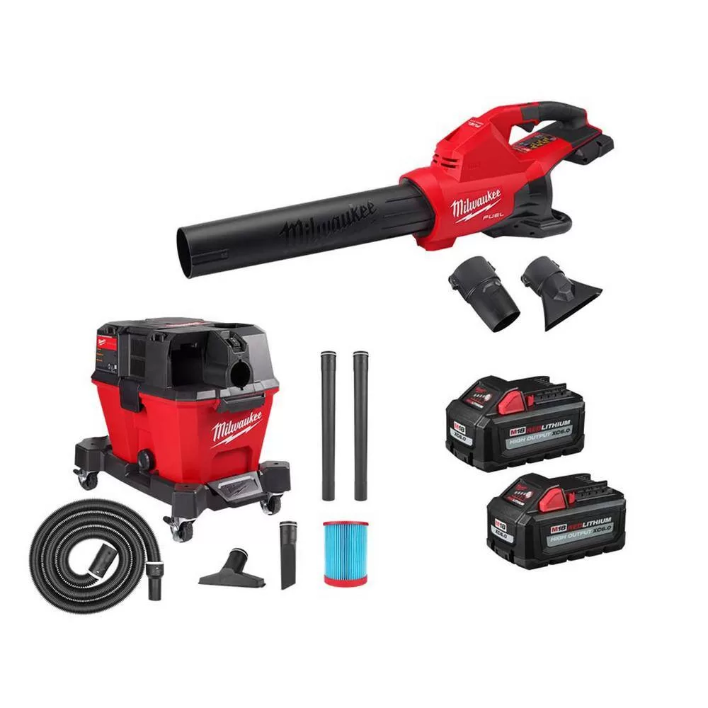Milwaukee M18 FUEL Dual Battery 145 MPH 600 CFM 18V Cordless Blower w/6 Gal. Cordless Wet/Dry Shop Vacuum, (2) 6.0 Ah Batteries