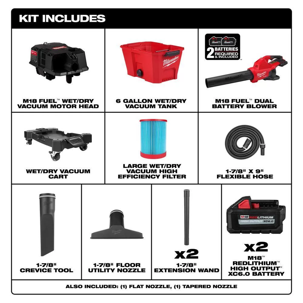 Milwaukee M18 FUEL Dual Battery 145 MPH 600 CFM 18V Cordless Blower w/6 Gal. Cordless Wet/Dry Shop Vacuum, (2) 6.0 Ah Batteries