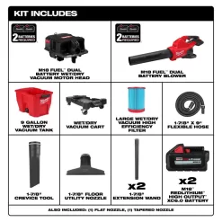 Milwaukee M18 FUEL Dual Battery 145 MPH 600 CFM 18V Cordless Blower w/9 Gal. Cordless Wet/Dry Shop Vacuum, (2) 6.0 Ah Batteries