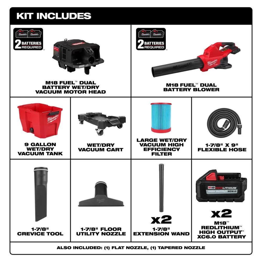 Milwaukee M18 FUEL Dual Battery 145 MPH 600 CFM 18V Cordless Blower w/9 Gal. Cordless Wet/Dry Shop Vacuum, (2) 6.0 Ah Batteries