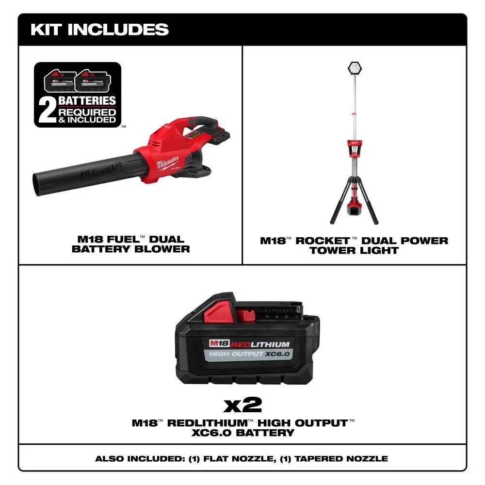 Milwaukee M18 FUEL Dual Battery 145 MPH 600 CFM 18V Brushless Cordless Blower w/Rocket Dual Power Tower Light, (2) 6.0 Ah Battery