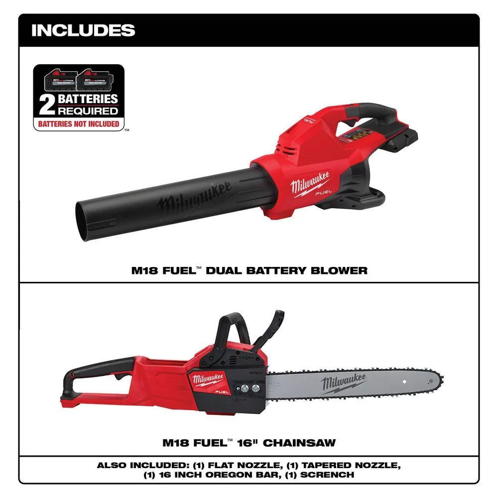 Milwaukee M18 FUEL Dual Battery 145 MPH 600 CFM 18V Lithium-Ion Brushless Cordless Handheld Blower with M18 FUEL 16 in. Chainsaw