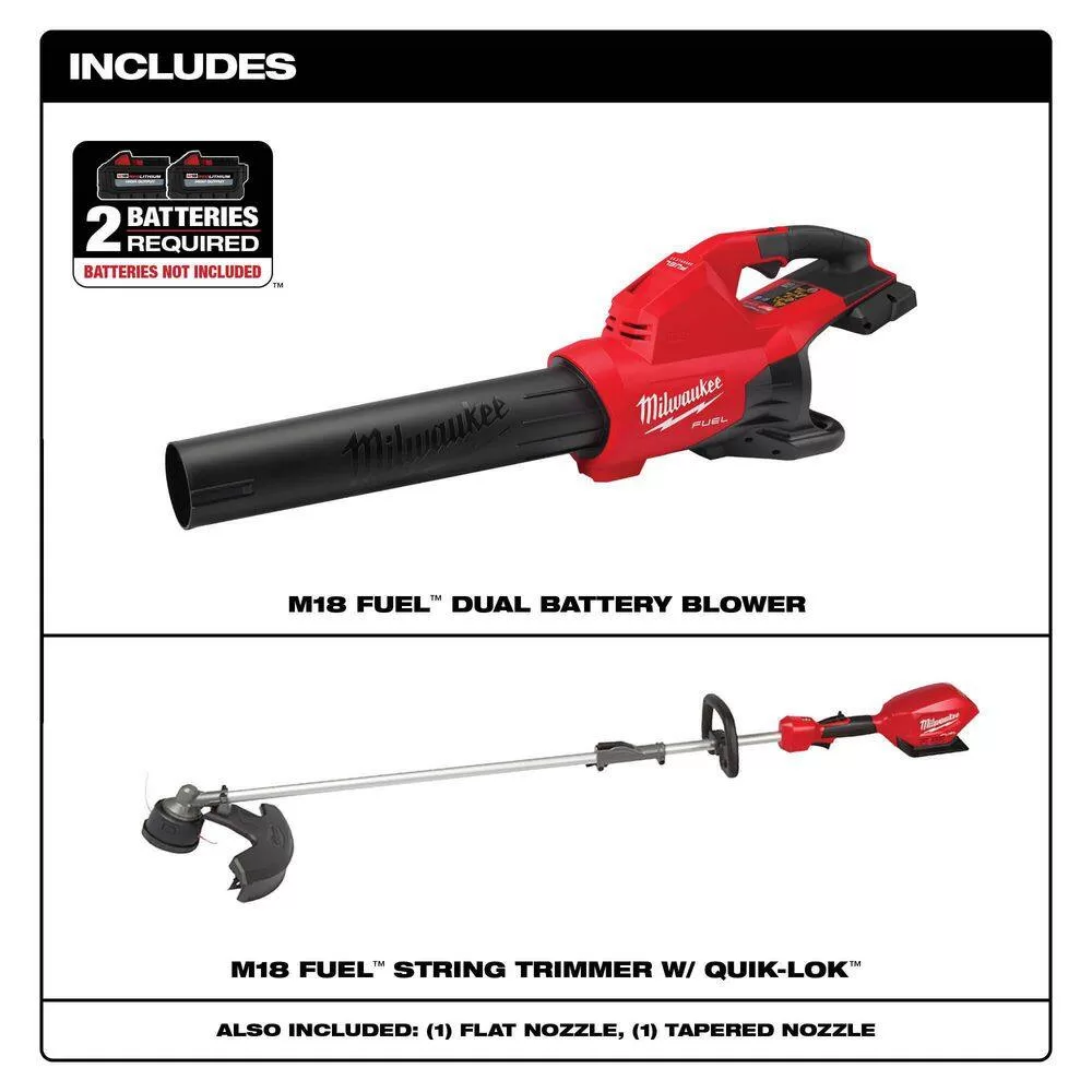 Milwaukee M18 FUEL Dual Battery 145 MPH 600 CFM 18V Lithium-Ion Brushless Cordless Handheld Blower with M18 FUEL String Trimmer