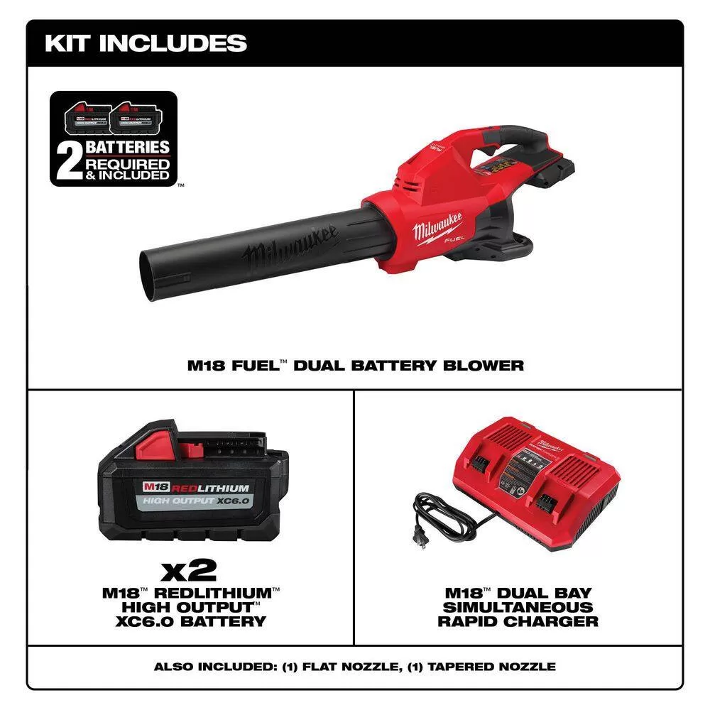 Milwaukee M18 FUEL 18V Lithium-Ion Brushless Cordless Dual Battery Blower w/ Dual Bay Rapid Charger & Two 6Ah HO Battery (2-Pack)