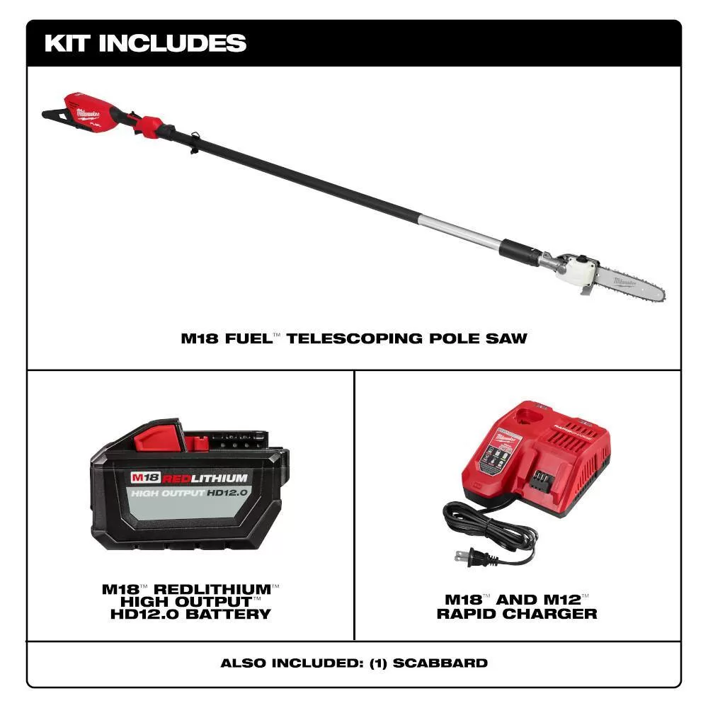 Milwaukee M18 FUEL 10 in. 18V Lithium-Ion Brushless Electric Cordless Telescoping Pole Saw Kit w/12.0 Ah Battery and Rapid Charger