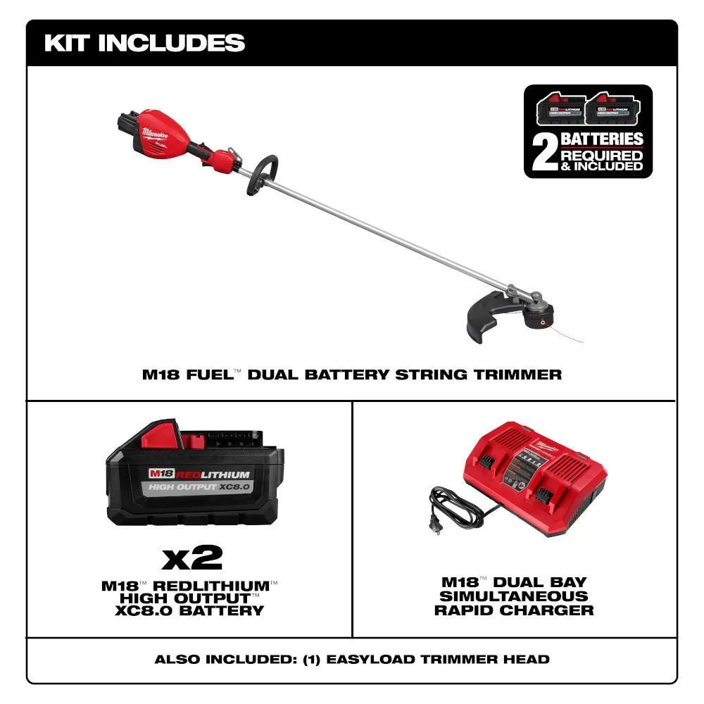 Milwaukee M18 FUEL 18V Brushless Cordless 17 in. Dual Battery Straight Shaft String Trimmer with (2) 8.0 Ah Batteries and Charger