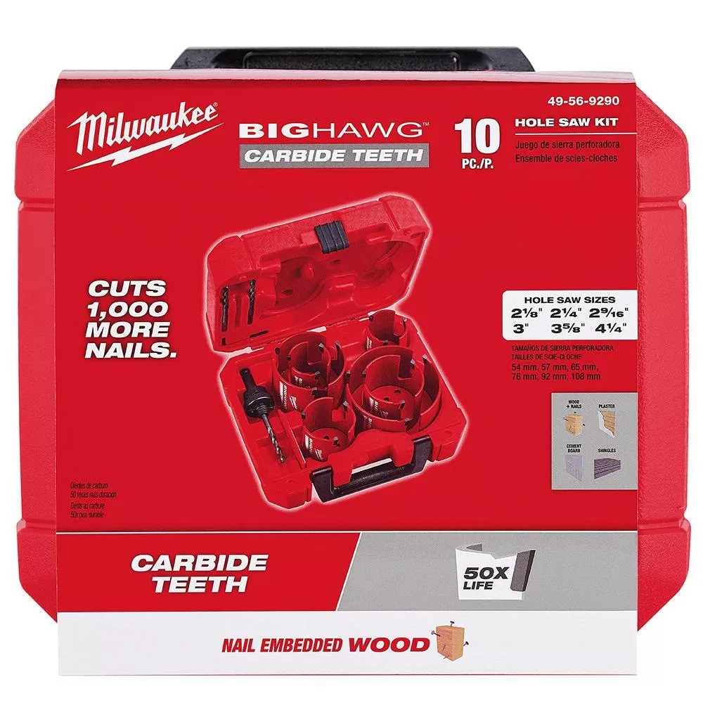 Milwaukee 49-56-9290-49-22-5100 BIG HAWG Carbide Hole Saw Kit (10-Piece) with SWITCHBLADE Plumbers Selfeed Bits Set (5-Piece)