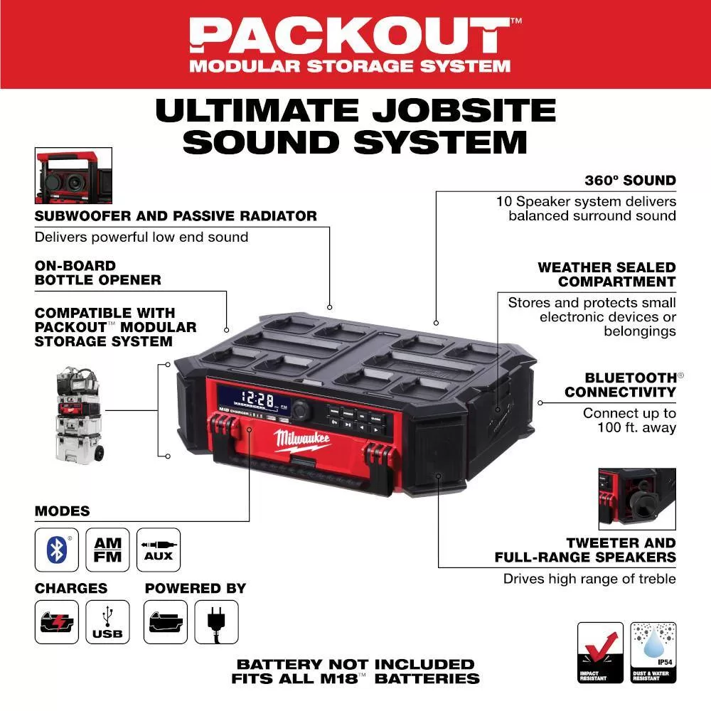 Milwaukee 2950-20-2846-20 M18 Lithium-Ion Cordless PACKOUT Radio/Speaker with Built-In Charger with M18 175-Watt Powered Compact Inverter