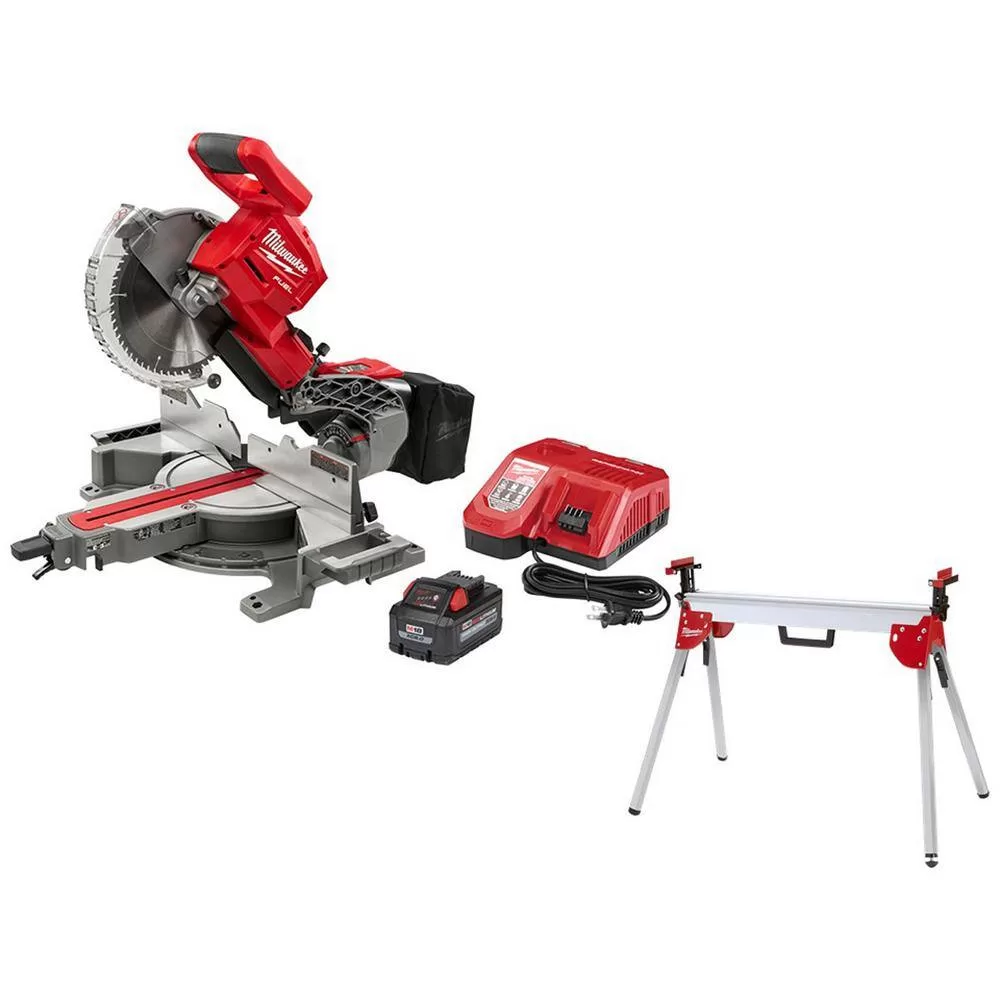 Milwaukee 2734-21-48-08-0551 M18 FUEL 18V Lithium-Ion Brushless Cordless 10 in. Dual Bevel Sliding Compound Miter Saw Kit with Miter Saw Stand