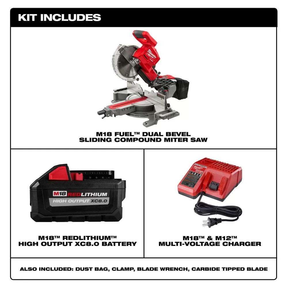 Milwaukee 2734-21-48-08-0551 M18 FUEL 18V Lithium-Ion Brushless Cordless 10 in. Dual Bevel Sliding Compound Miter Saw Kit with Miter Saw Stand