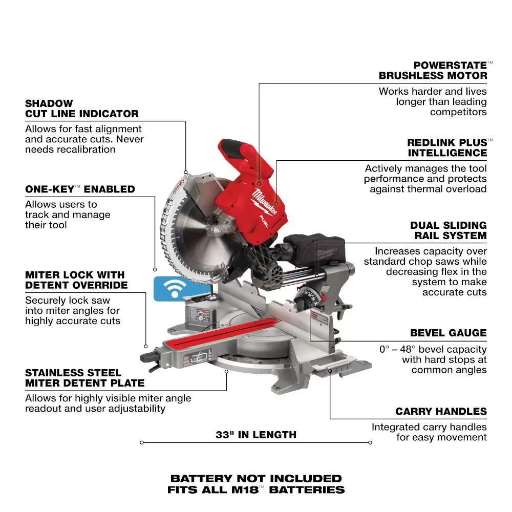 Milwaukee 2739-20 M18 FUEL 18V Lithium-Ion Brushless Cordless 12 in. Dual Bevel Sliding Compound Miter Saw (Tool-Only)