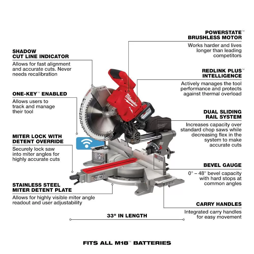 Milwaukee 2739-21HD M18 FUEL 18V Lithium-Ion Brushless Cordless 12 in. Dual Bevel Sliding Compound Miter Saw Kit with One 12.0Ah Battery