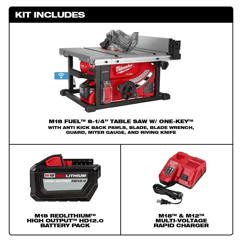 Milwaukee 2736-21HD-48-08-0561 M18 FUEL ONE-KEY 18-Volt Lithium-Ion Brushless Cordless 8-1/4 in. Table Saw Kit with (1) 12.0Ah Battery and Stand