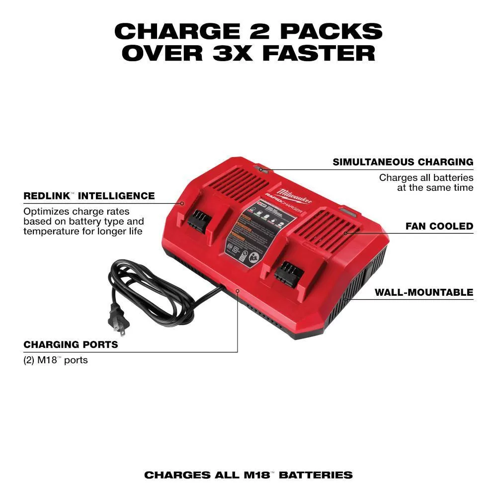 Milwaukee 48-59-1882 M18 18V Lithium-Ion Dual Bay Rapid Battery Charger w/ (2) 8Ah HIGH OUTPUT Batteries