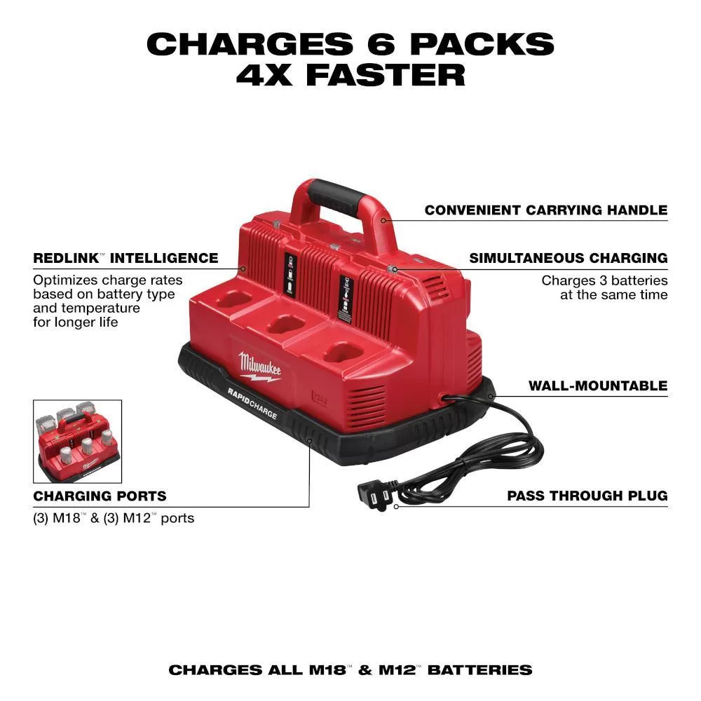 Milwaukee 48-59-1807-48-11-1862-48-11-1862 M18/M12 Multi-Voltage 6-Port Sequential Rapid Battery Charger w/(4) HIGH OUTPUT 6.0Ah Battery Pack