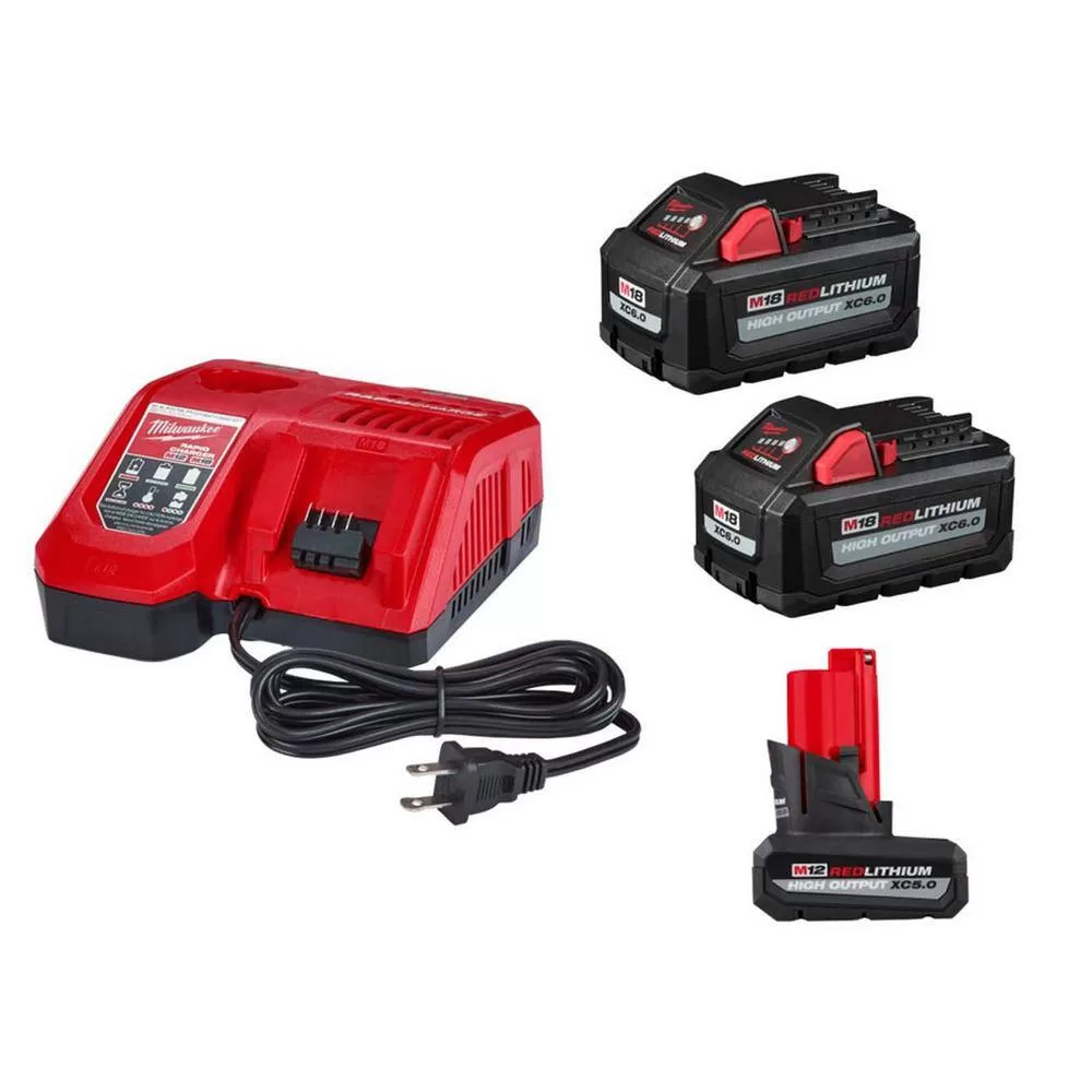 Milwaukee 48-59-1808-48-11-1862-48-11-2450 M18/M12 Rapid Charger W/(2) M18 HIGH OUTPUT XC6.0 Batteries & (1) M12 HIGH OUTPUT XC5.0 Battery