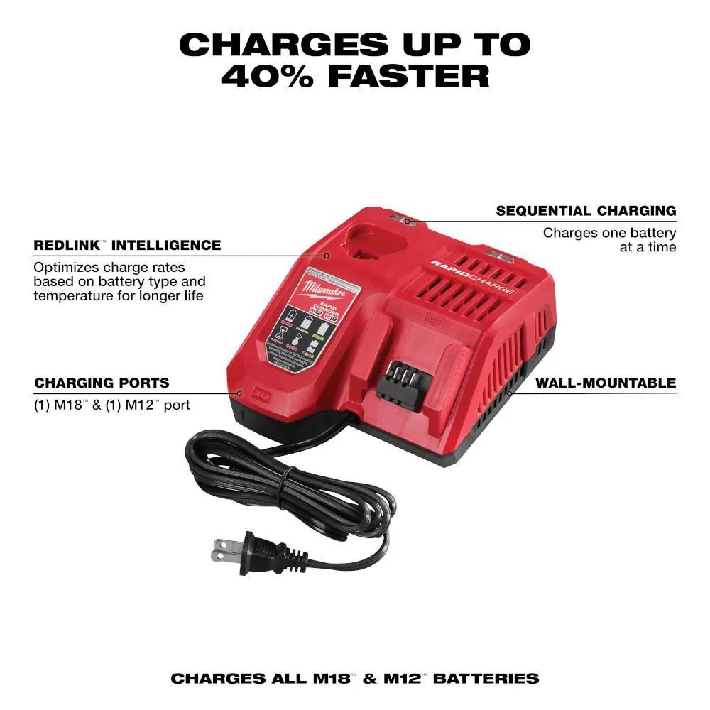 Milwaukee 48-59-1808-48-11-1862-48-11-2450 M18/M12 Rapid Charger W/(2) M18 HIGH OUTPUT XC6.0 Batteries & (1) M12 HIGH OUTPUT XC5.0 Battery