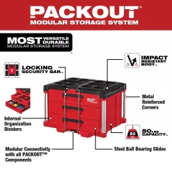 Milwaukee 3/8 in. Drive SAE/Metric Mechanics Tool Set (62-Piece) with PACKOUT 3-Drawer Tool Box