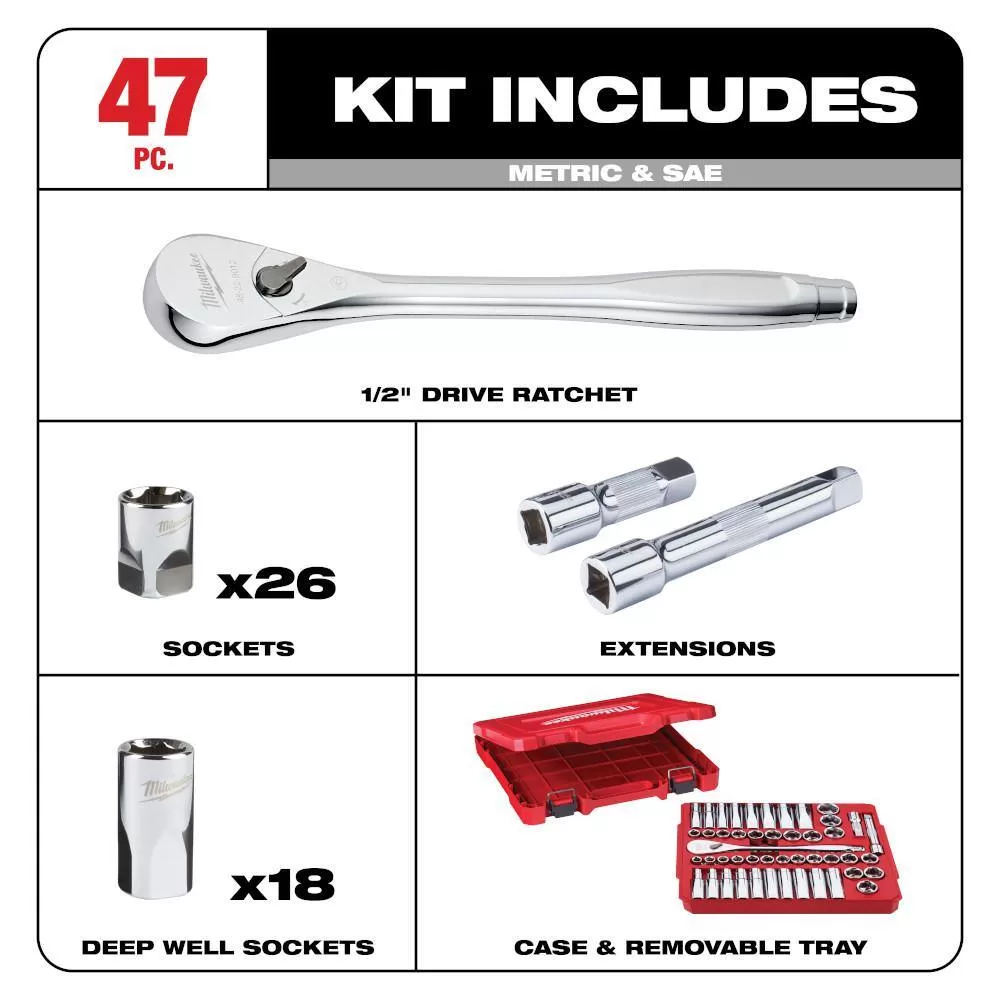 Milwaukee 48-22-9010-48-22-9044 1/2 in. and 1/4 in. Drive SAE/Metric Ratchet/Socket Mechanics Tool Set (72-Piece)