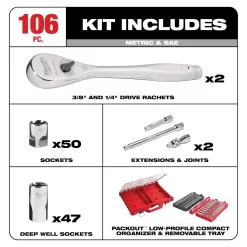 Milwaukee Shockwave 1/4 in. 3/8 in. Drive Deep Well Impact/Chrome Ratchet Socket Set with Packout (132-Piece)