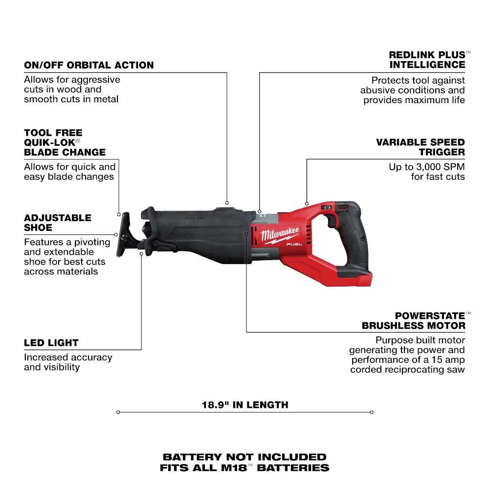 Milwaukee 2722-20-2737-20 M18 FUEL 18V Lithium-Ion Brushless Cordless Super SAWZALL Orbital Reciprocating Saw w/FUEL Jigsaw