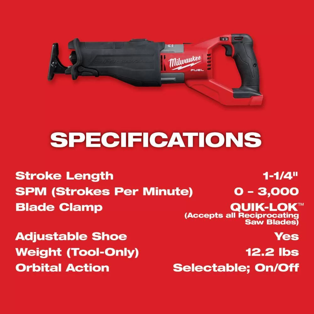 Milwaukee 2722-20-2737-20 M18 FUEL 18V Lithium-Ion Brushless Cordless Super SAWZALL Orbital Reciprocating Saw w/FUEL Jigsaw