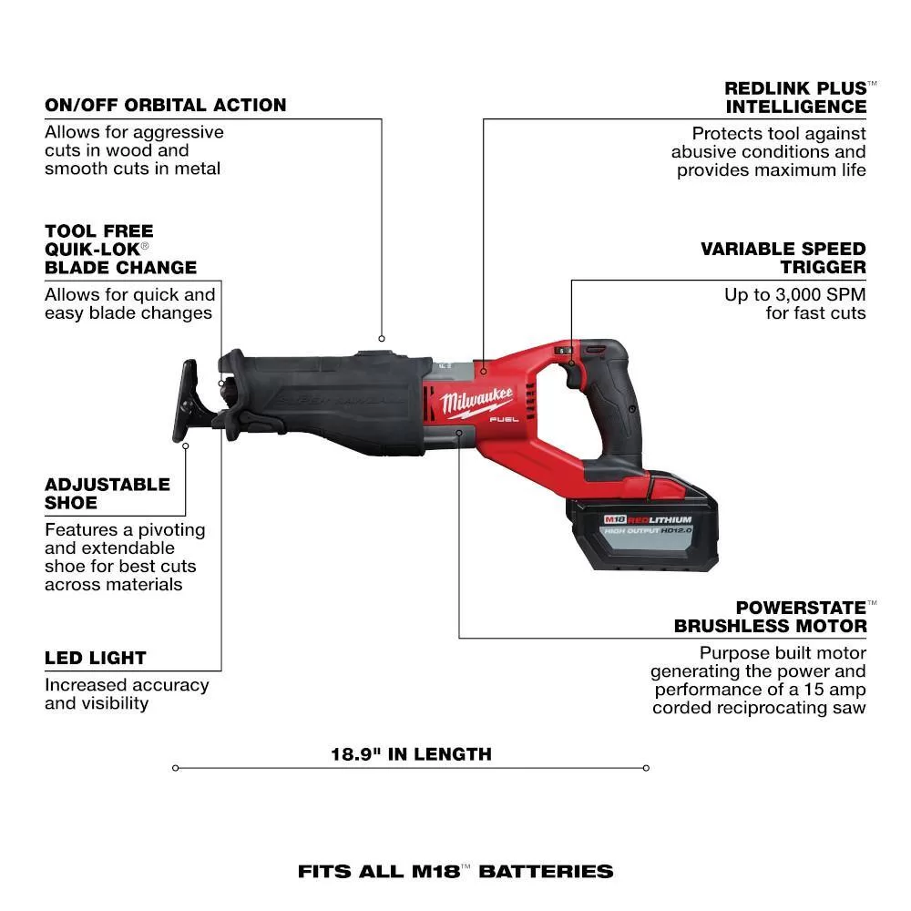 Milwaukee 2722-21HD M18 FUEL 18V Lithium-Ion Brushless Cordless SUPER SAWZALL Orbital Reciprocating Saw Kit w/(1) 12.0 Ah Battery
