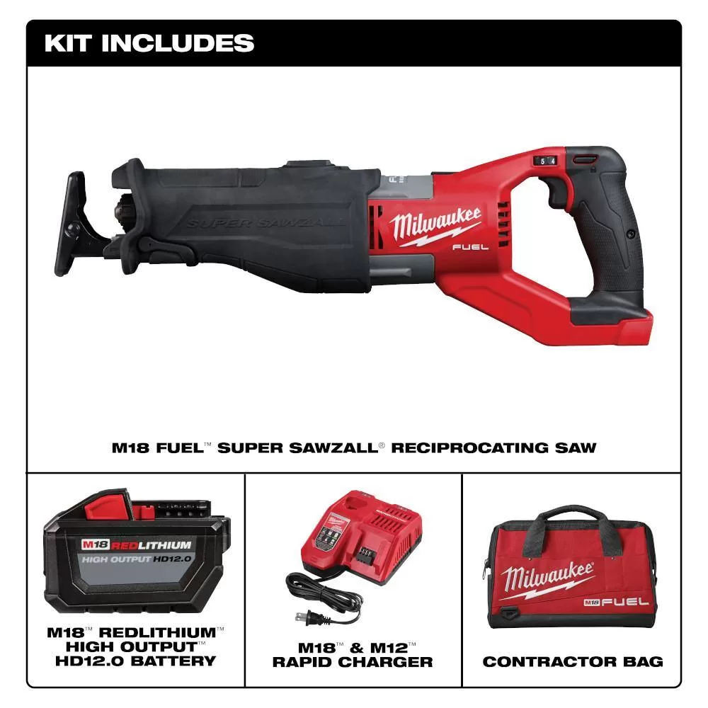 Milwaukee 2722-21HD M18 FUEL 18V Lithium-Ion Brushless Cordless SUPER SAWZALL Orbital Reciprocating Saw Kit w/(1) 12.0 Ah Battery